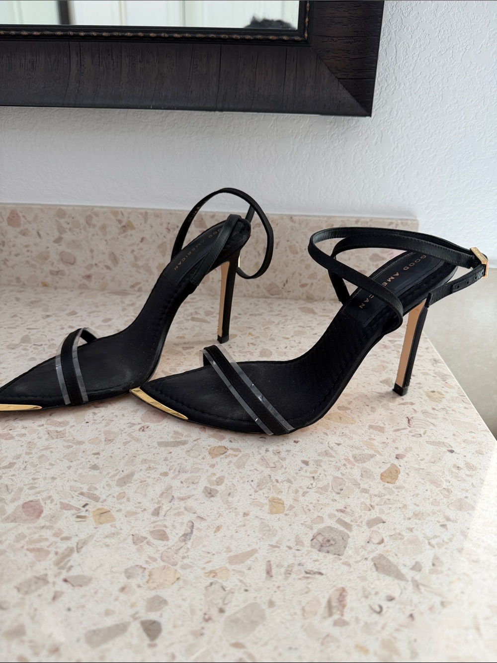 Good American Black Strappy Pointed Stiletto Heels with Gold Accents
